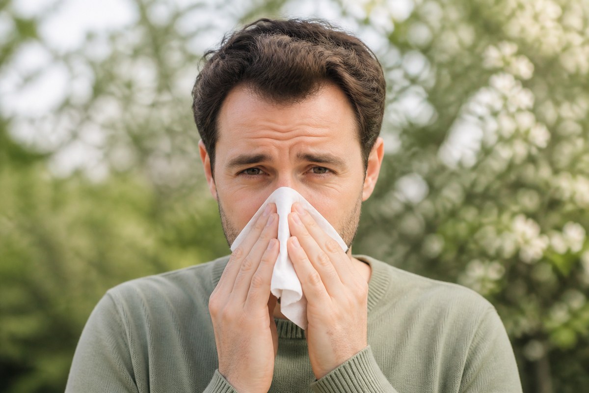 Illustrative image of a man holding a tissue to his nose outdoors