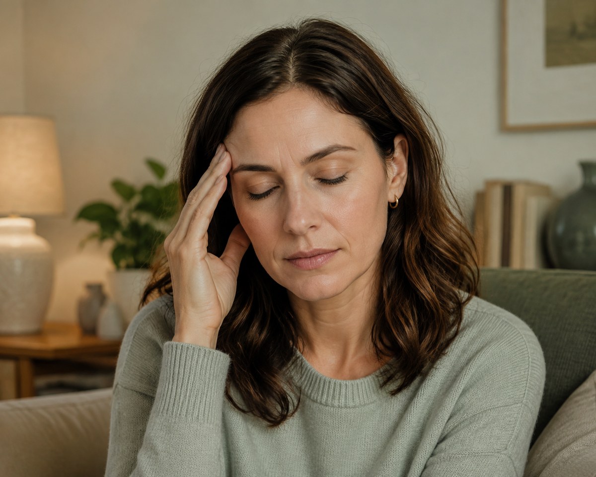 Illustrative image of a woman resting her fingers against her temple during a headache