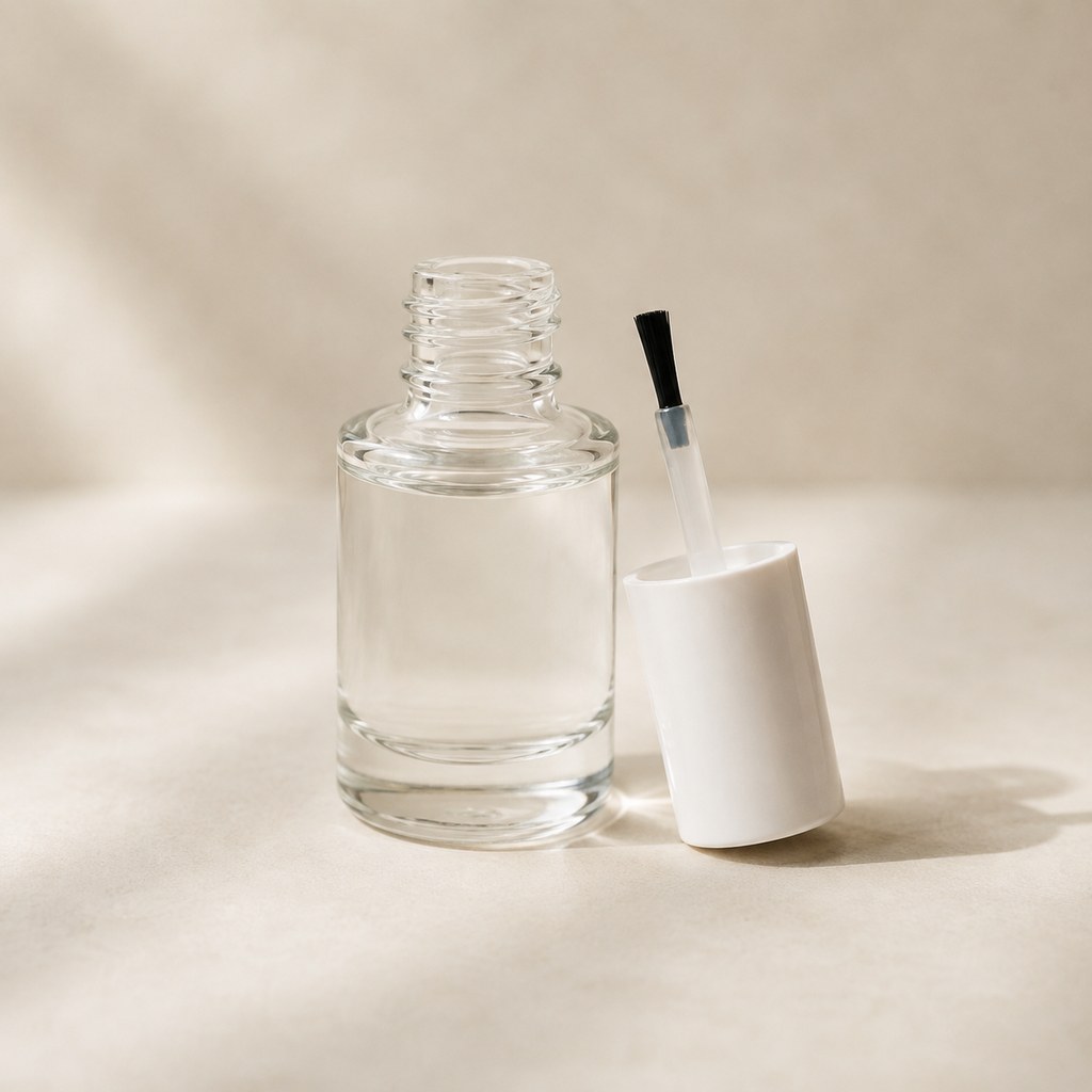 An unbranded clear nail-lacquer bottle with an application brush
