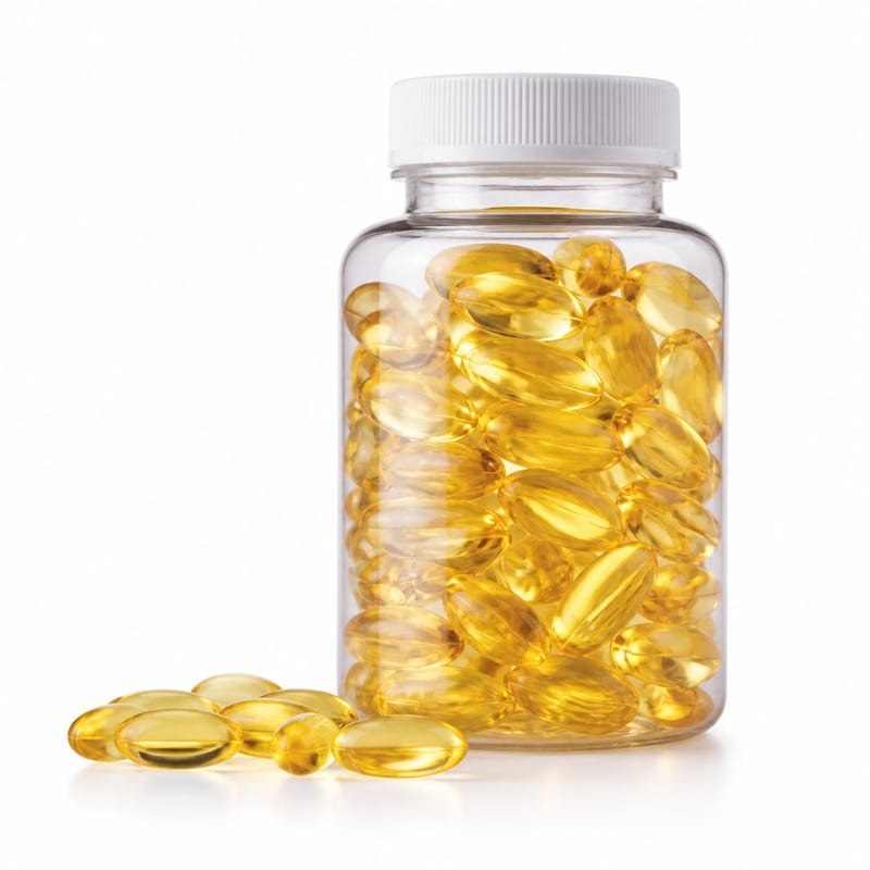 Unbranded bottle of omega-3 fish oil softgels