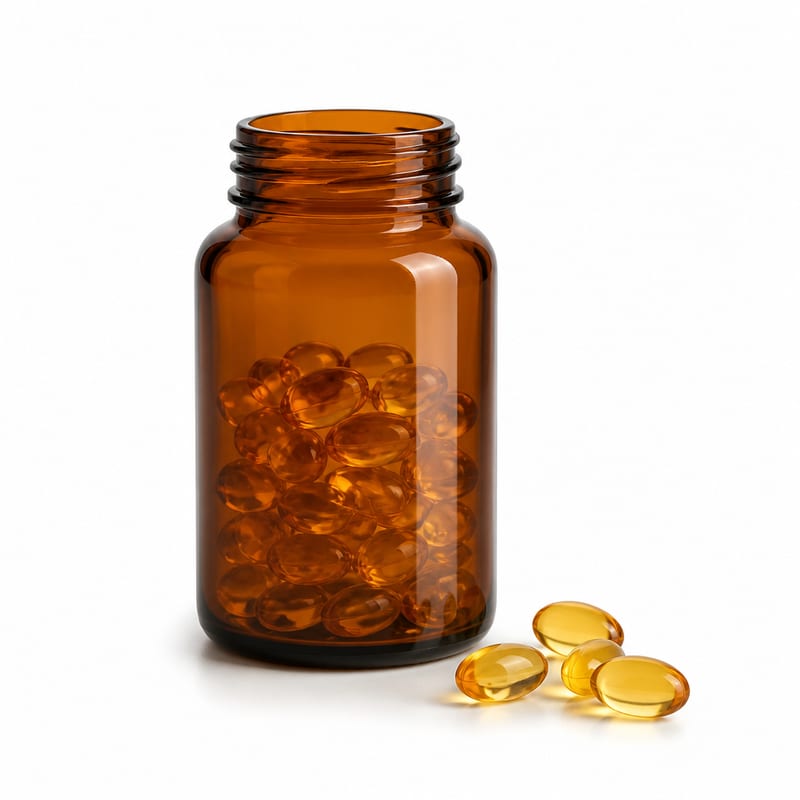 Unbranded bottle of vitamin D3 softgels